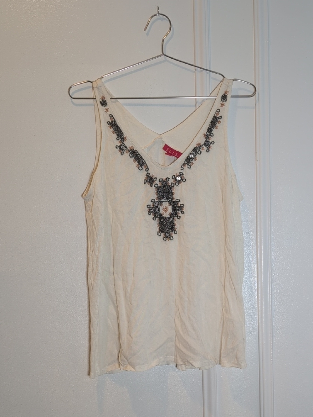 Elle Cream Embellished V-Neck Sleeveless Top